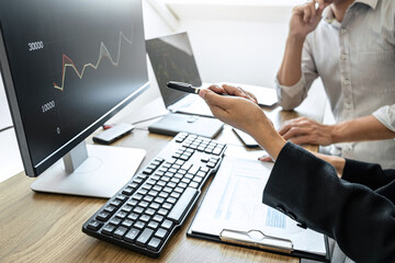 Aufkleber - Business team investment working with computer, planning and analyzing graph stock market trading with stock chart data, business financial investment planning concept