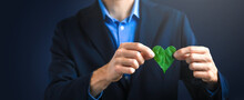 Businessman Holding A Green Heart Leaf  Business With Corporate Social Responsibility And Environmental Concern. Environmental And Ecology Care Concept.. ESG Concept. Nature 