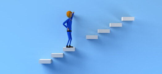 Wall Mural - Businessman on staircase with one step missing. Facing problems and looking for solutions. Copy space. 3D illustration. Cartoon.