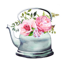 Beautiful Watercolor Hand Painted Teapot With Flowers Isolated On A White Background. Garden Roses Spring Bouquet In A Pot Illustration For Print, Poster,card,invitation,branding.