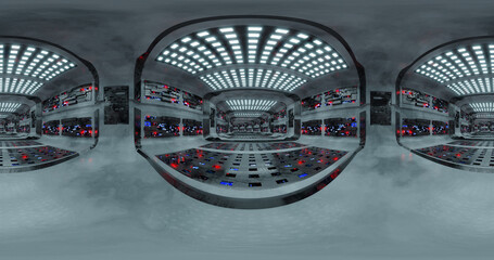 Poster - 3d rendering. HDRI environment map. 360 degree spherical seamless vr panorama. Abstract empty t interior of spacecraft or station corridor with neon lighting.
