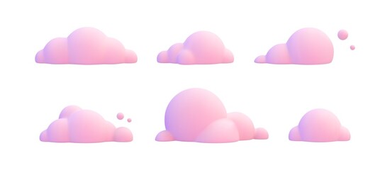 Set 3d pink clouds. Various cartoon soft cloud shapes for games, animations, web. Vector illustration