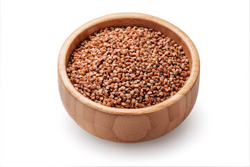 Wall Mural - Buckwheat grains, seeds in wooden bowl isolated on white background