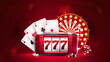 Online casino, red banner with smartphone with slot machine on screen, Casino Wheel Fortune, poker chips and playing cards.