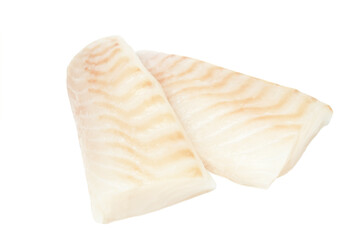 Cod fish loins two fresh uncooked pieces isolated on white background.