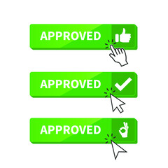 Poster - approved button set. approved sign with cursor. key. push button.