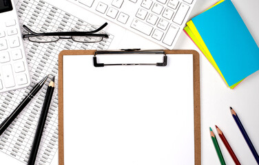 Poster - Paper sheet and chart,sticker,keyboard and calculator, view of table, copy space