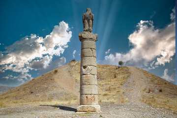 Karakus Tumulus (Monument Grave). The Tumulus construction is a traditional memorial grave of Commagene Royal Family.  The UNESCO World Heritage. (I.Century B.C.) Aerial View, Anatolia, Adiyaman TURKE