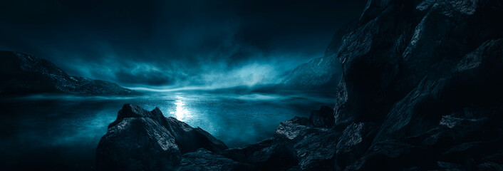 Futuristic fantasy landscape, sci-fi landscape with planet, neon light, cold planet. Metaverse. Galaxy, unknown planet. Dark natural scene with light reflection in water. Neon space galaxy portal. 3d 