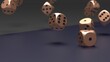 © DRN Studio - Rolling deep bronze-black dices on gray and deep blue planes background. Concept image of statistical probability, gambling activities and decisive battle. 3D CG. 3D illustration.