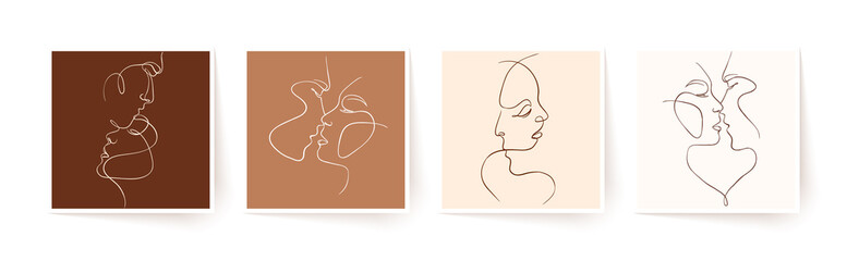Wall Mural - set of one line faces, couple man and woman. valentine's day minimalistic vector illustration.