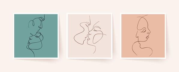 Wall Mural - set of one line faces, couple man and woman. valentine's day minimalistic vector illustration.