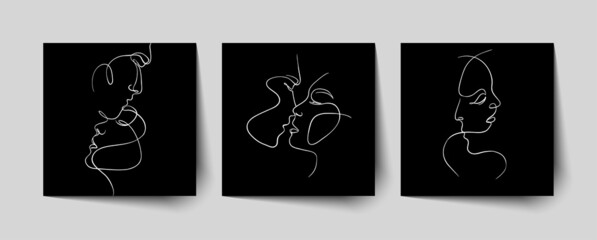 Wall Mural - Set of one line faces, couple man and woman. Valentine's day minimalistic vector illustration.