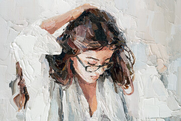 a young girl reads an interesting book on a light white background. oil painting on canvas.