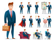Set of businessman character with different poses and actions cartoon illustration