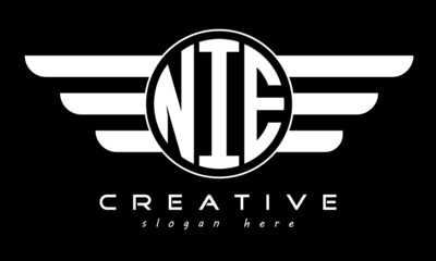 NIE three letter monogram type circle letter logo with wings vector template.