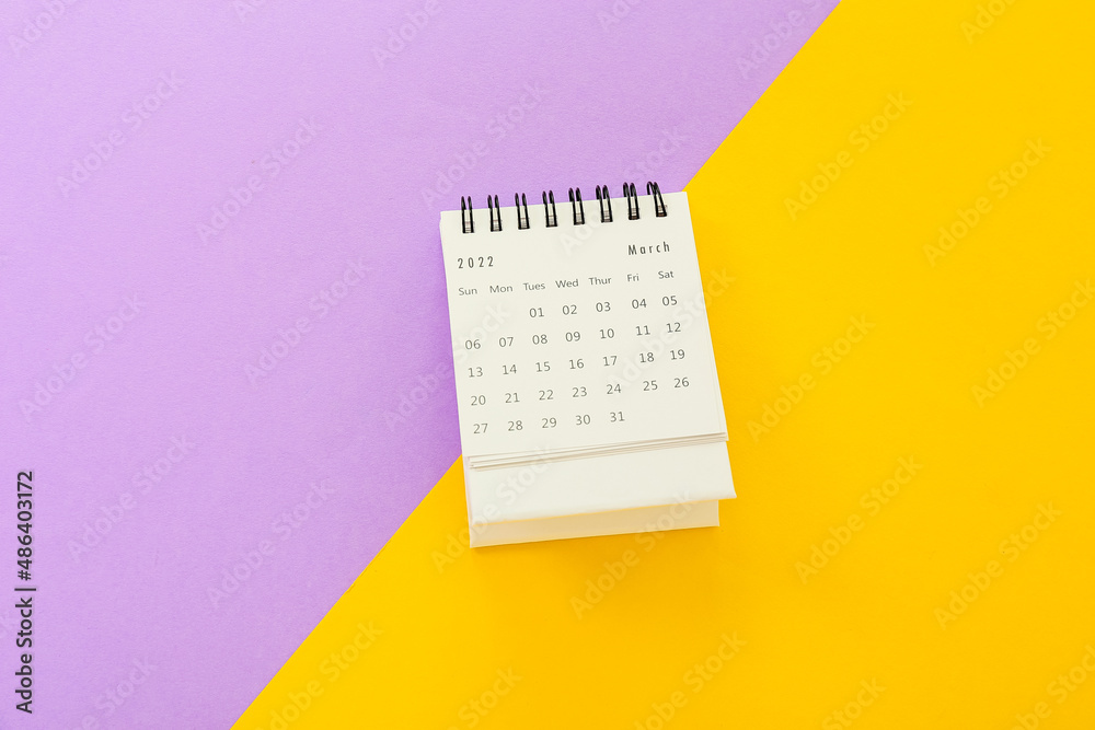 Calendar for March 2022 on color background
