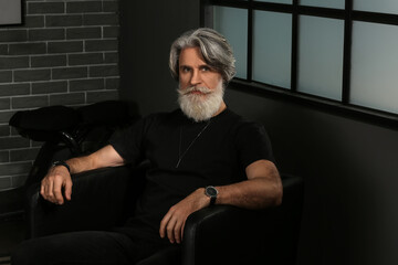 Wall Mural - Portrait of handsome mature bearded man sitting in armchair at home