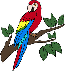 Wall Mural - Cartoon birds. Parrot red macaw sits on the tree branch.