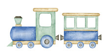 Wooden Eco Toy Train. Watercolor Hand Drawn Scandinavian Style Toy Illustration. Baby Boy Toy Clipart.