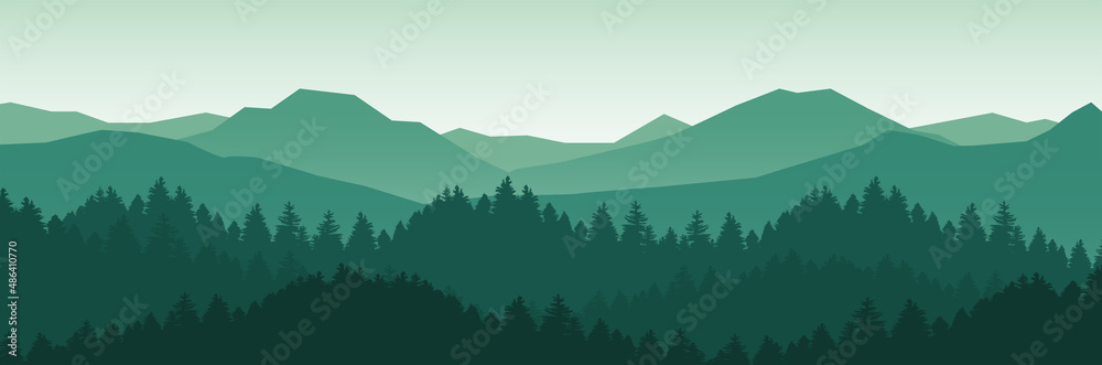mountain and forest landscape vector illustration with sunrise and ...