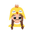 © Екатерина Полякова - Girl with big eyes and crying and tears emotion, sad face, depressive eyes in chicken hat. Head of child with melancholy expression for Easter, New Year or costume for party. Vector flat illustration