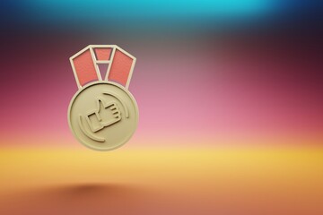Poster - Beautiful golden medal thumbs up symbol on multicolor bright background. 3d rendering illustration. Background pattern for design.