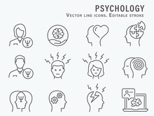 Psychology Icon Set. Collection Of Mental, Brain, Emotion, Doctor And More. Vector Illustration. Editable Stroke.