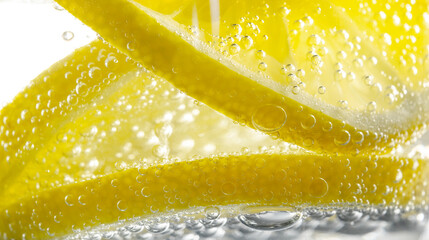 Fresh lemon slice in water with bubbles in the glass.