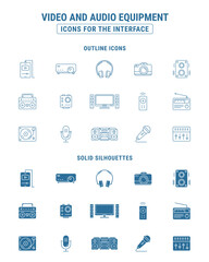 Poster - Video and Audio equipment Icons set - Vector outline symbols and silhouettes of camera, TV, player, projector, headphones, speakers electronic device for the site or interface