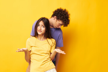 young boy and girl casual clothes posing emotions antics isolated background unaltered