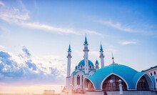 Sunset Over Kremlin Kazan And Kul Sharif Mosque Islam. Concept Travel Beautiful Russia