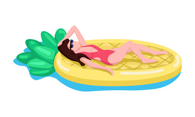 Poster - Woman on pineapple air mattress semi flat color vector character. Lying figure. Full body person on white. Pool party simple cartoon style illustration for web graphic design and animation
