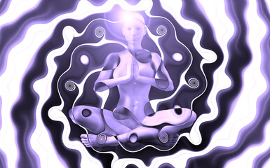 Wall Mural - Silhouette of a girl in Lotus position on the background of the fractal universe. A state of trance and deep meditation. A spiritual journey in the universe. 3D illustrations.