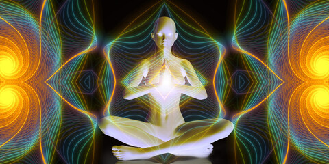 Wall Mural - Silhouette of a girl in Lotus position on the background of the fractal universe. A state of trance and deep meditation. A spiritual journey in the universe. 3D illustrations.