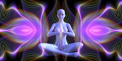 Wall Mural - Silhouette of a girl in Lotus position on the background of the fractal universe. A state of trance and deep meditation. A spiritual journey in the universe. 3D illustrations.
