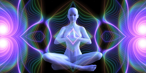 Wall Mural - Silhouette of a girl in Lotus position on the background of the fractal universe. A state of trance and deep meditation. A spiritual journey in the universe. 3D illustrations.
