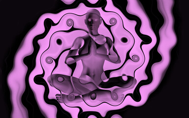 Wall Mural - Silhouette of a girl in Lotus position on the background of the fractal universe. A state of trance and deep meditation. A spiritual journey in the universe. 3D illustrations.