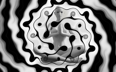 Wall Mural - Silhouette of a girl in Lotus position on the background of the fractal universe. A state of trance and deep meditation. A spiritual journey in the universe. 3D illustrations.