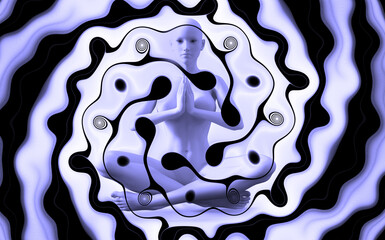 Wall Mural - Silhouette of a girl in Lotus position on the background of the fractal universe. A state of trance and deep meditation. A spiritual journey in the universe. 3D illustrations.