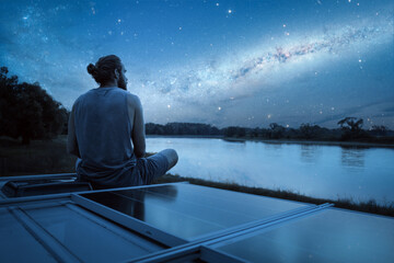Wall Mural - Man watching a starry night from the roof of his camper van