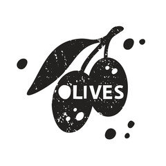 Wall Mural - Two olives with leaf, grunge sticker. Black texture silhouette with lettering inside. Imitation of stamp, print with scuffs. Hand drawn isolated illustration on white background