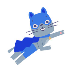 Wall Mural - Superhero Grey Cat Flying Wearing Blue Mask and Cape Having Super Power Vector Illustration