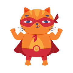 Sticker - Superhero Ginger Cat Wearing Red Mask and Cape Standing and Showing Muscle Vector Illustration