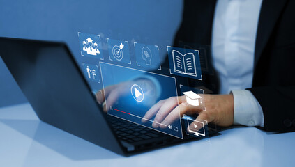 Wall Mural - education internet technology. person who attends online lessons on a digital screen.e-learning educ