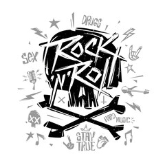 Poster - Rock'n'Roll Print design template with doodle punk elements, skull shape - editable vector illustration. Rock party design isolated from white. Rock'n'Roll party Tee print stamp t-shirt, print fabric