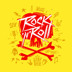 Poster - Rock'n'Roll Print design with doodle punk elements, skull shape - editable vector illustration. Rock party design isolated from white. Rock'n'Roll party Tee print stamp t-shirt, print fabric