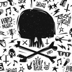 Poster - Rock n Roll Print template with doodle punk elements, skull shape - editable vector illustration. Rock party design isolated from white. Rock'n'Roll party Tee print stamp t-shirt, print fabric