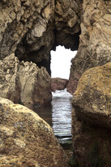 Wall Mural - Coastal part of Cantabria in the north of Spain, Costa Quebrada, ie the Broken Coast, 
around Playa de Somocuevas cove beach in Liencres
