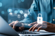 Cybersecurity And Privacy Concepts To Protect Data. Lock Icon And Internet Network Security Technology. Businessmen Protecting Personal Data On Laptops And Virtual Interfaces.